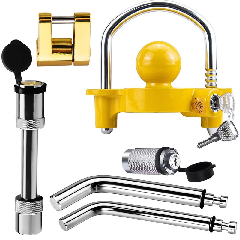 Funmit Trailer Hitch Security Lock Set Including Yellow U-Shaped Universal Ball Hitch Lock, 1/2"" and 5/8"" Receiver Hitch Pin Lock, Golden Trailer Hitch Lock Coupler Locking Pin, Share The Same 2 Keys - Image 1